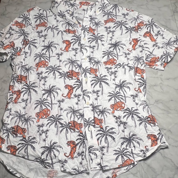 Tiger Palm Novelty Button Up Tropical Hawaiian Short Sleeve 97% Cotton XL - Picture 2 of 7